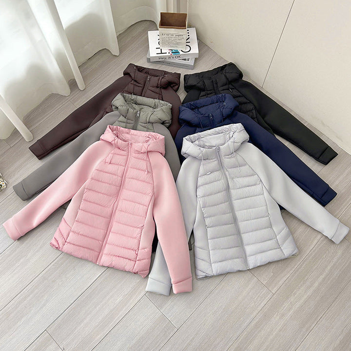 Ladies nano quilted hybrid jacket with hood, softshell sleeves and light thermal insulation