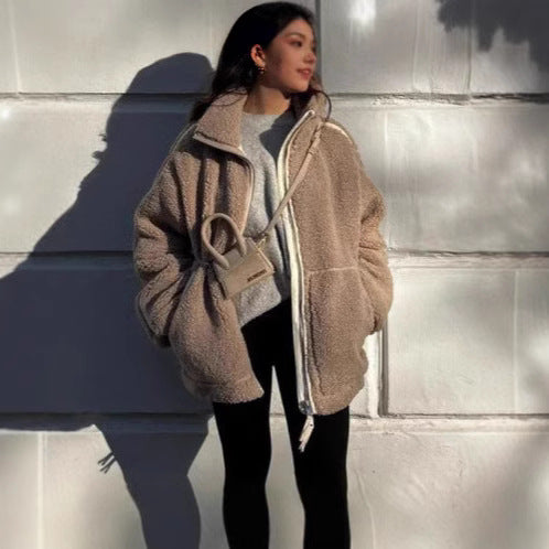 Women Wide Cut Teddy Fleece Jacket with High Standing Collar