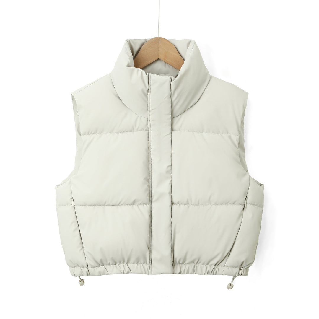 Women Padded Quilted Vest with High Stand-Up Collar and Drawstring