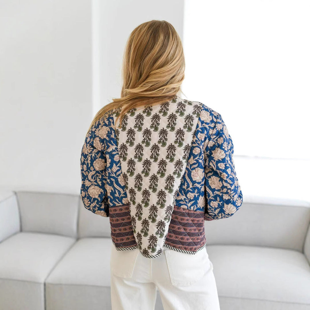 Women Quilted Short Jacket in Boho Patchwork Style with Open Front
