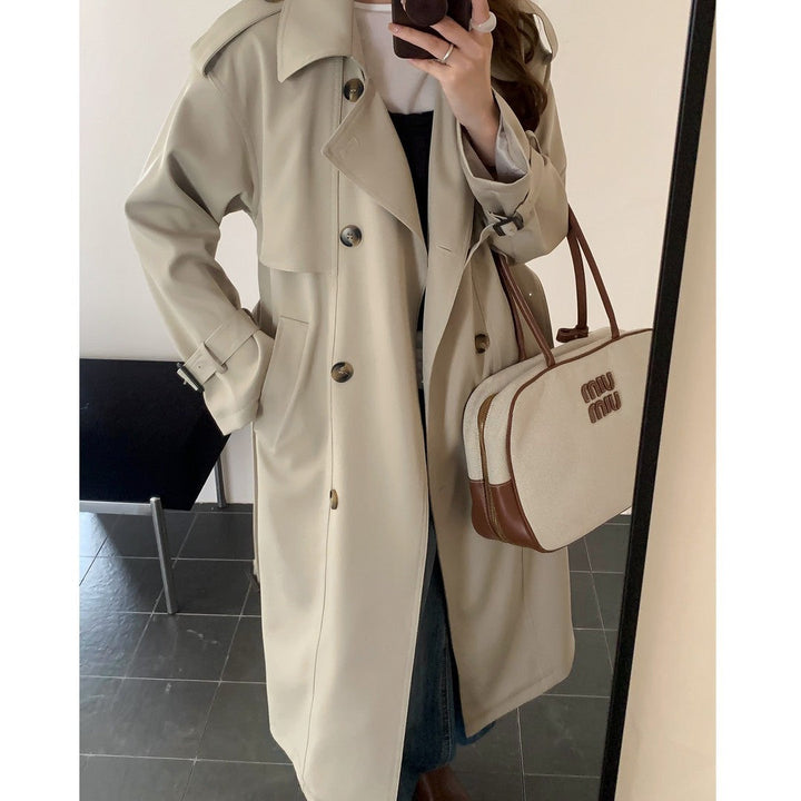 Women Long Trench Coat with High Collar, Double Storm Flap and Adjustable Cuffs