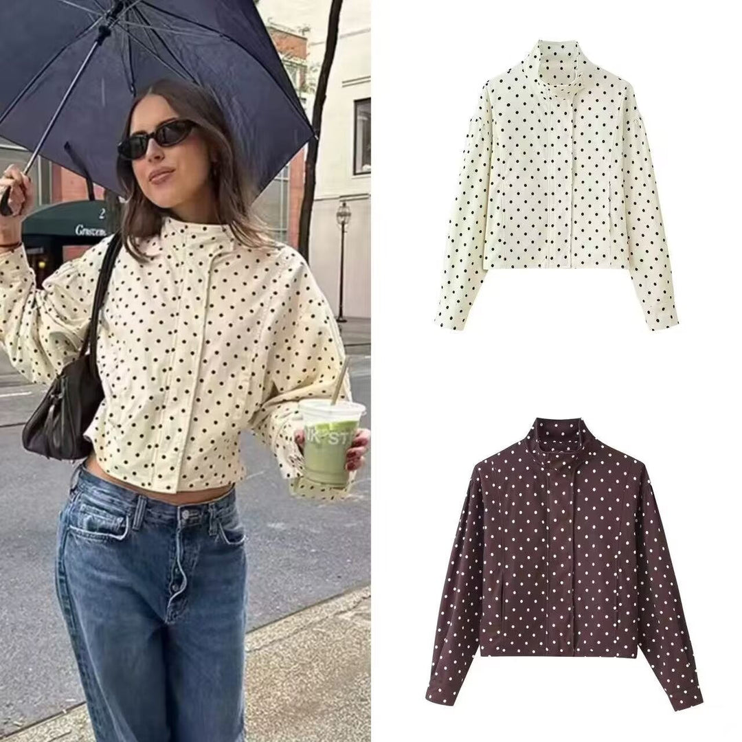 Women Polka Dot Short Jacket with Stand Collar and Concealed Snap Button Placket