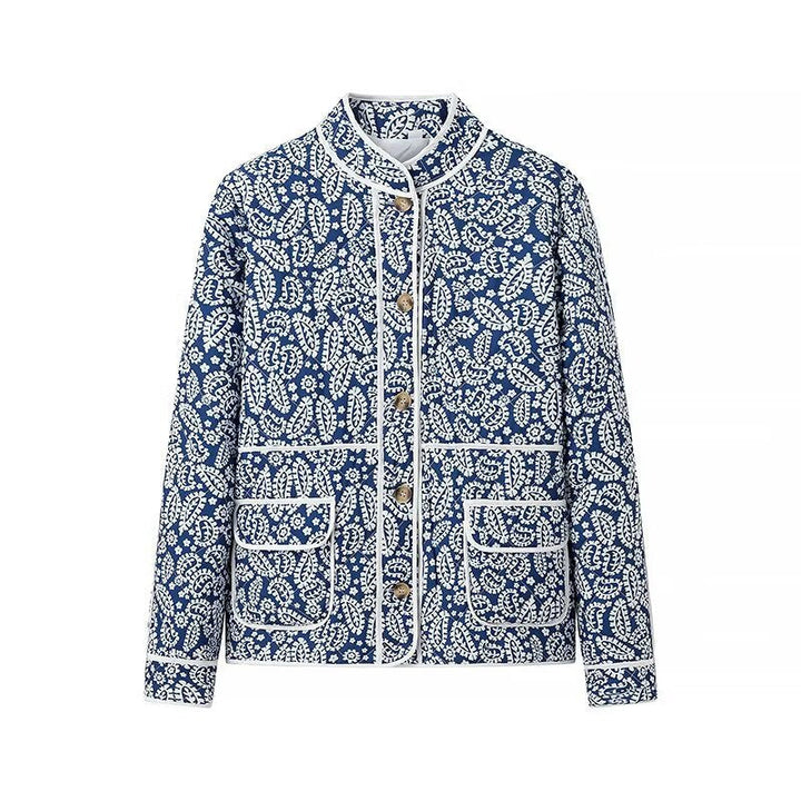 Women quilted transitional jacket withStand-up collar, paisley print and contrasting piping