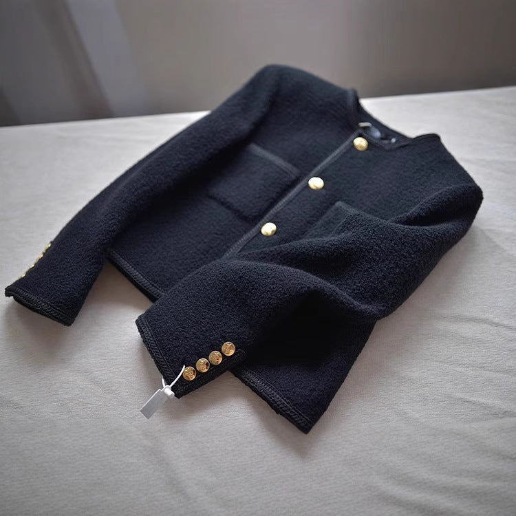 Women Fashionable Bouclé Jacket with Golden Buttons