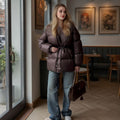 Women Tailored Quilted Jacket in Down Look with Drawstring and Hood