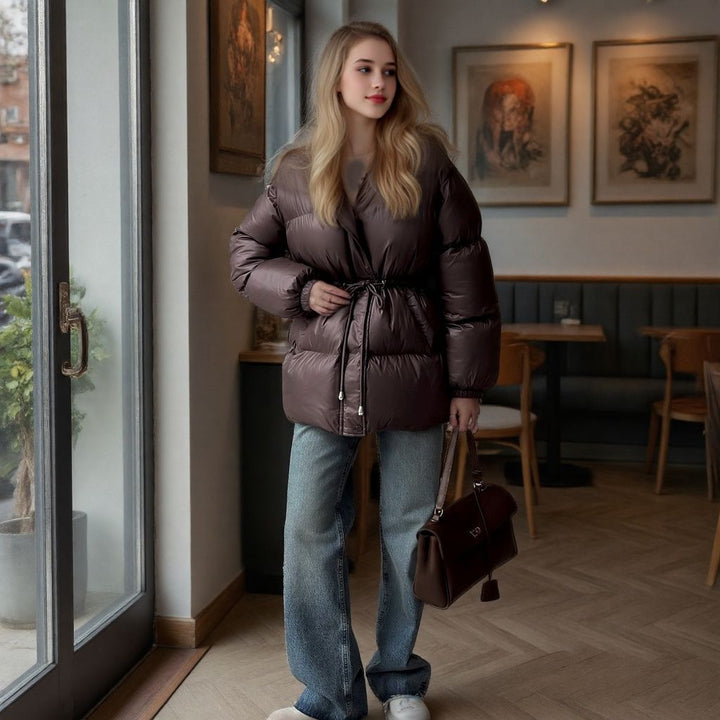 Women Tailored Quilted Jacket in Down Look with Drawstring and Hood