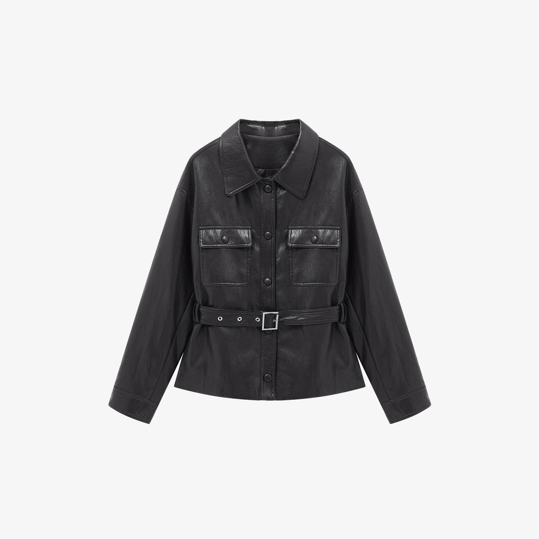 Women’s leather jacket in oversized utility style with waist belt
