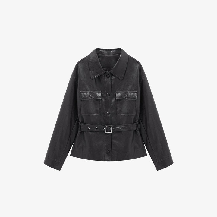Women’s leather jacket in oversized utility style with waist belt
