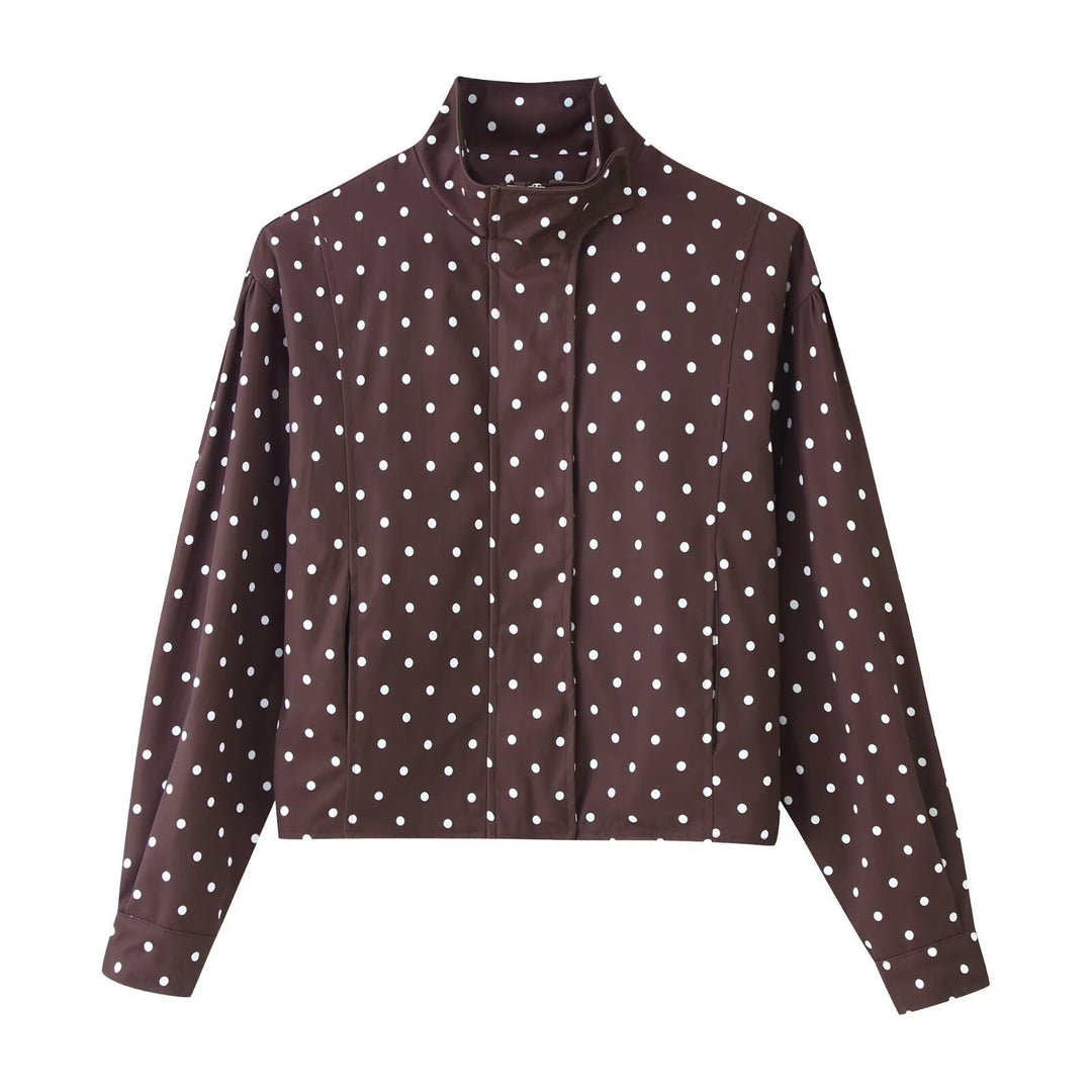 Women Polka Dot Short Jacket with Stand Collar and Concealed Snap Button Placket