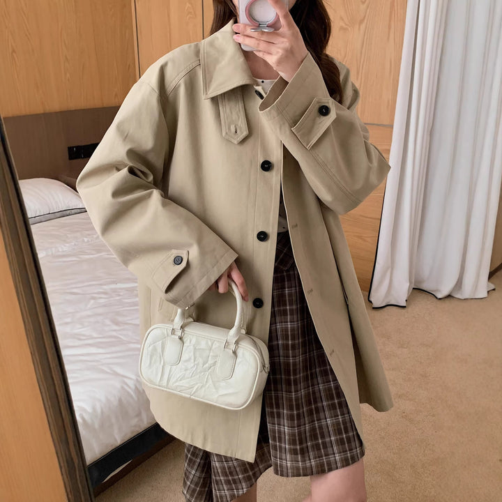 Women Boxy Short Coat with High Stand Collar Visible Button Closure and Side Pockets