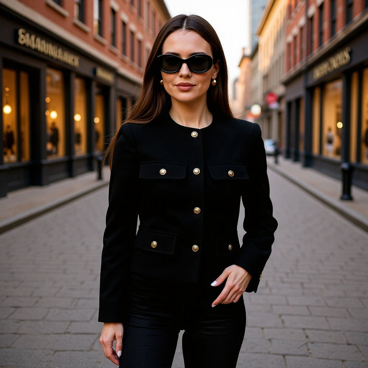 Women Short Boucle Blazer Jacket with Round Neck, Decorative Pocket Flaps, and Gold-colored Buttons
