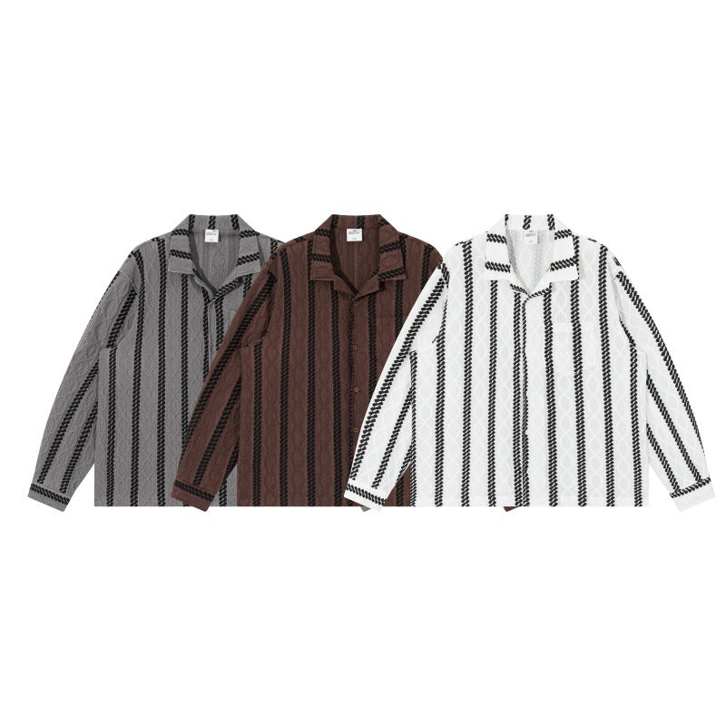 Unisex Lightweight Shirt Jacket with Camp Collar, Relaxed Fit and Vertical Braid Stripe Pattern