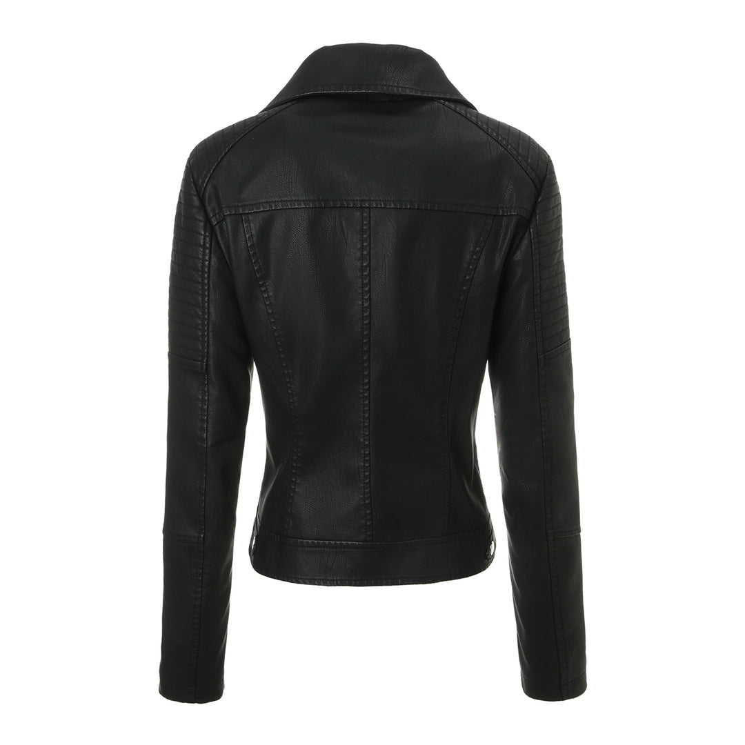 Ladies Tailored Biker Jacket made of Leatherette with Quilted Shoulder Area and Asymmetrical Zip