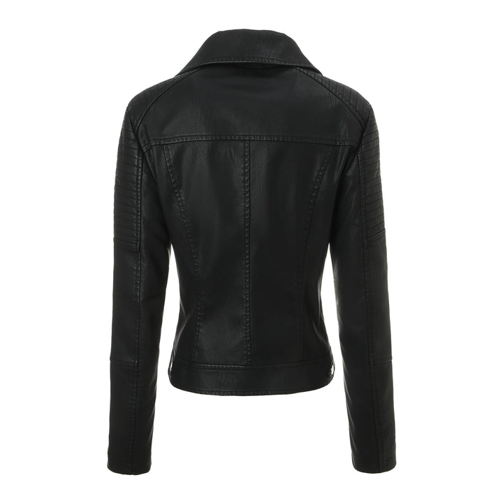 Ladies Tailored Biker Jacket made of Leatherette with Quilted Shoulder Area and Asymmetrical Zip