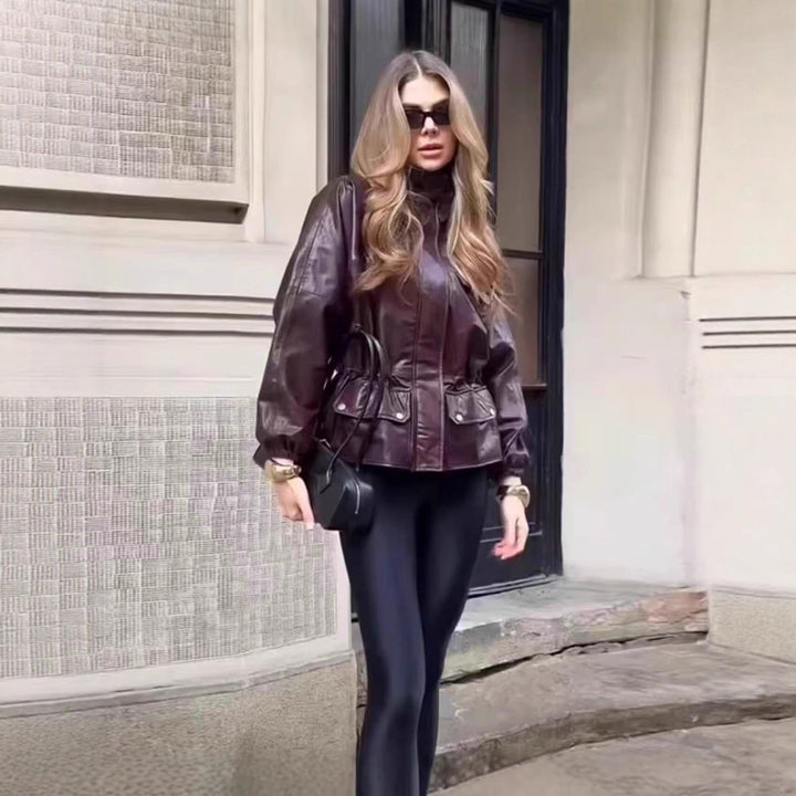 Women Faux Leather Parka with Stand Collar, Waist Drawstring, and Placket Pockets