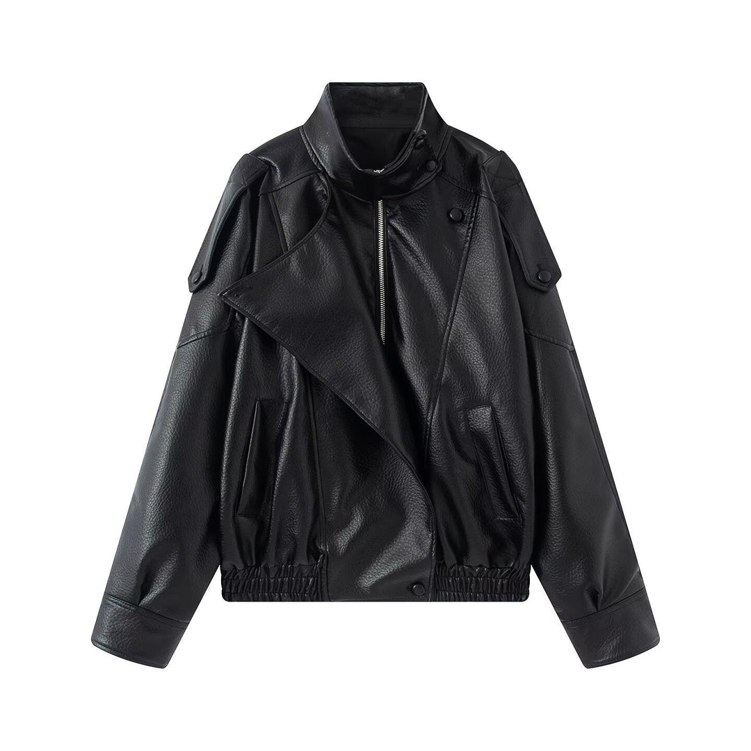 Women Oversized Faux Leather Biker Jacket with Asymmetric Lapel, Stand Collar, and Waist Drawstring