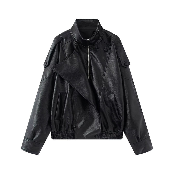 Women Oversized Faux Leather Biker Jacket with Asymmetric Lapel, Stand Collar, and Waist Drawstring