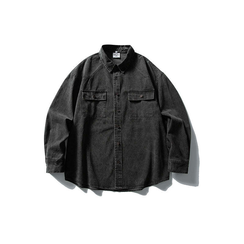 Unisex Oversize Cotton Denim Shirt Jacket with Patch Chest Pockets and Curved Hem