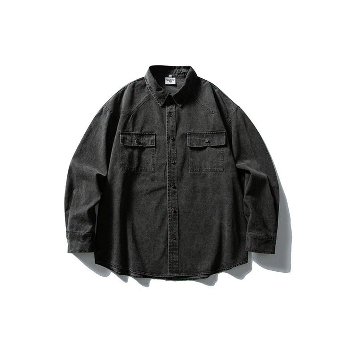 Unisex Oversize Cotton Denim Shirt Jacket with Patch Chest Pockets and Curved Hem