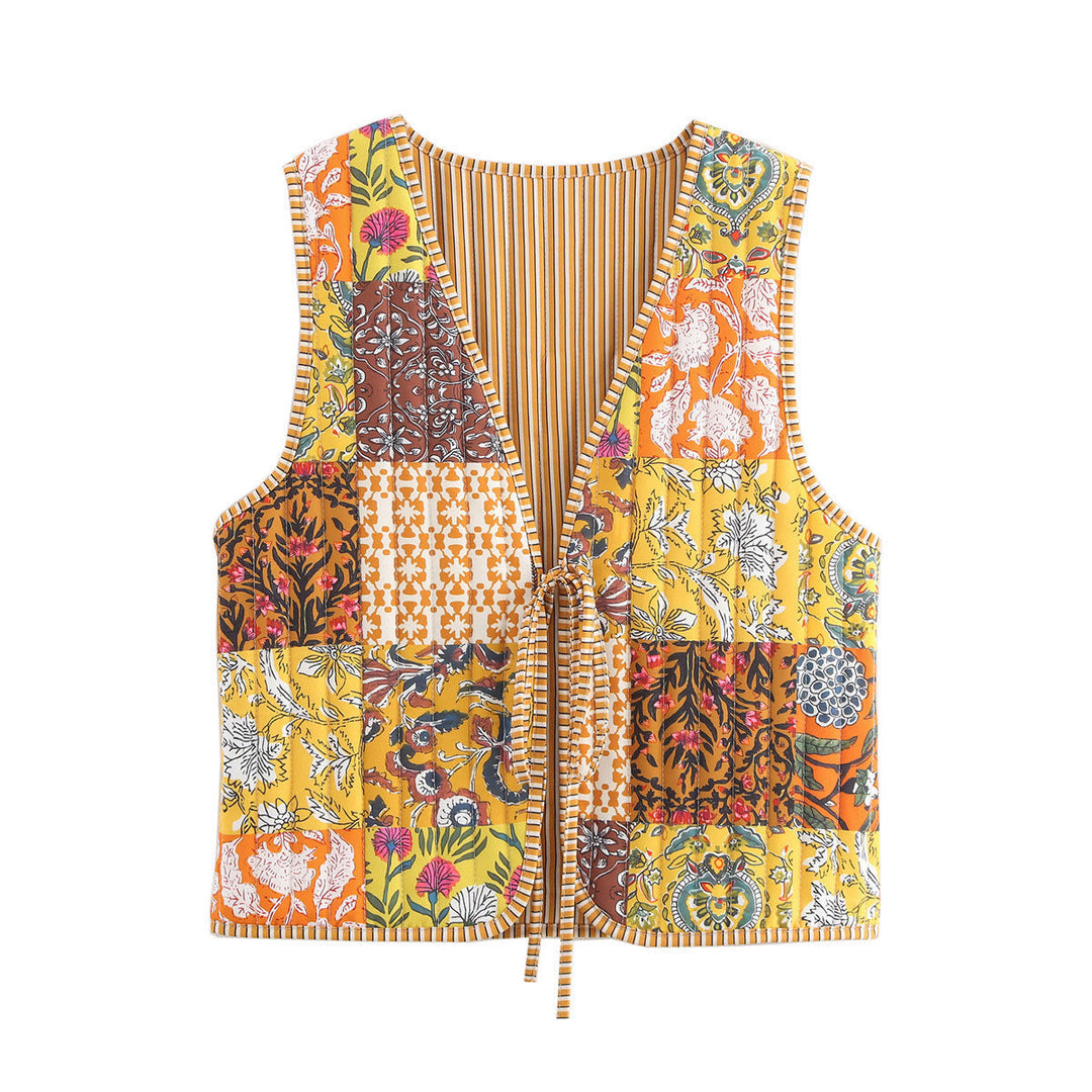 Ladies Quilted Waistcoat with Toile Print, Striped Lining and Drawstring