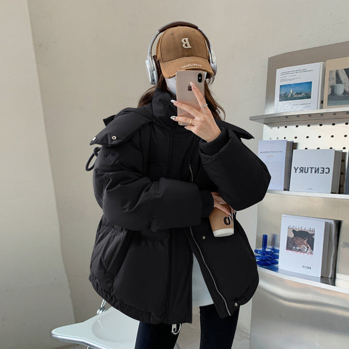 Women’s oversized quilted short jacket with hood, windproof lining and oversized collar