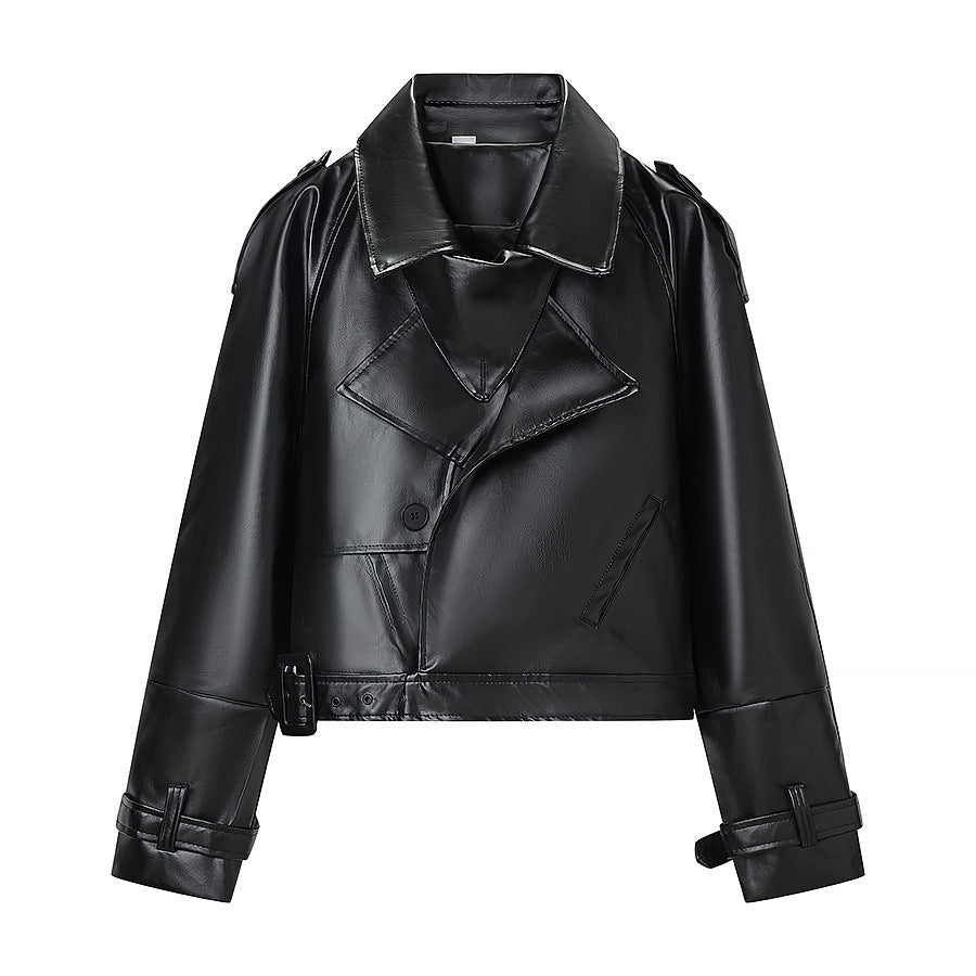 Women short cut biker jacket in leather look with asymmetrical lapel and waist belt