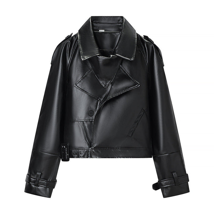 Women short cut biker jacket in leather look with asymmetrical lapel and waist belt