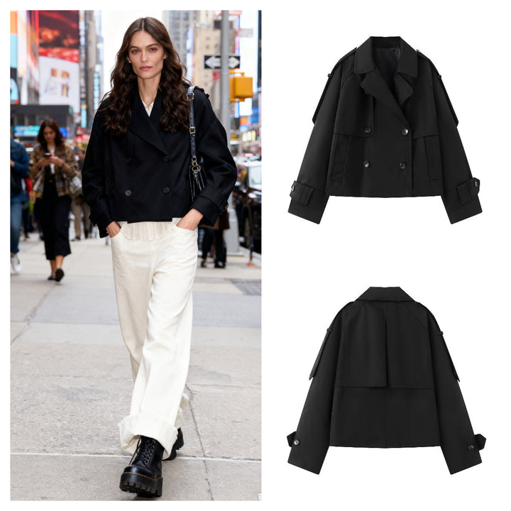 Women Short Cut Cropped Trench Coat with Double-Breasted Button Closure and Epaulets