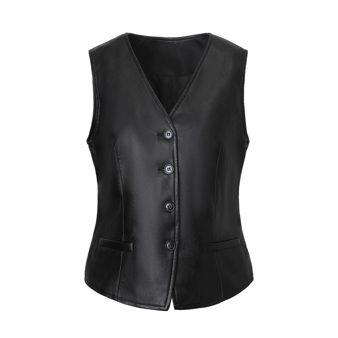 Women Tailored Leather Vest with V-Neck and Button Placket