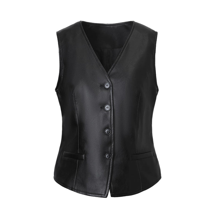 Women Tailored Leather Vest with V-Neck and Button Placket