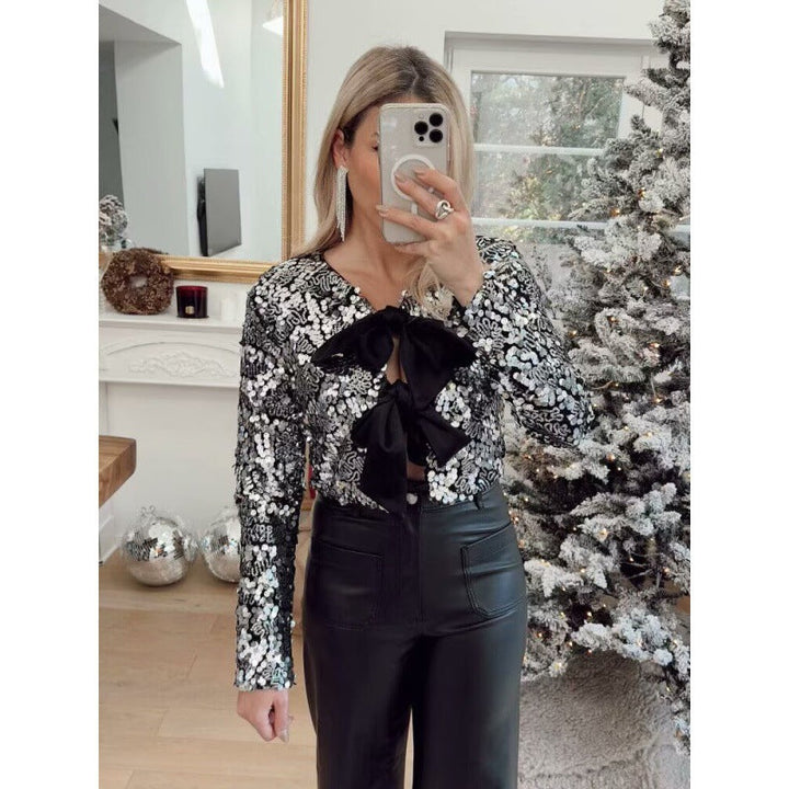 Women’s Short Cut Sequin Bolero Jacket with Triple Satin Bows and Lined Interior