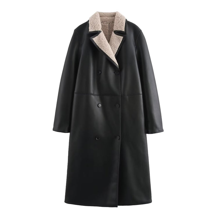 Women Faux Leather Coat with Teddy Lining and Double-Breasted Button Placket