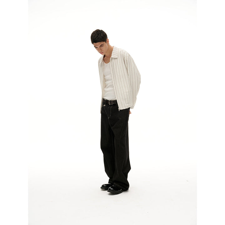 Unisex Lightweight Striped Overshirt Jacket with Shirt Collar and Concealed Zip