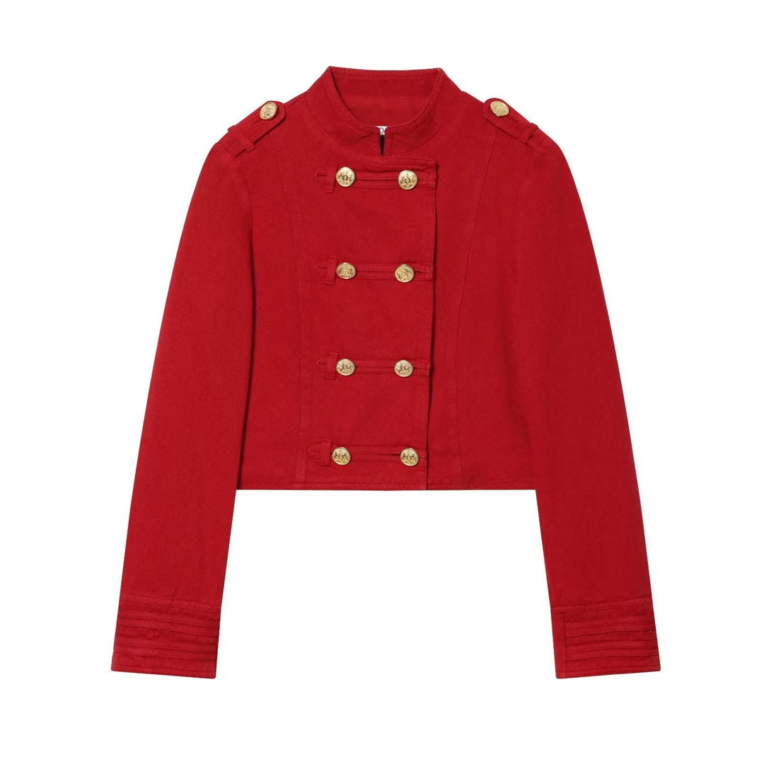 Women’s short military-inspired jacket with decorative ornate buttons
