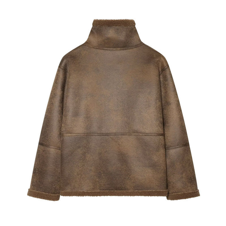 Ladies short jacket in lambskin look with stand-up collar, button and buckle closure