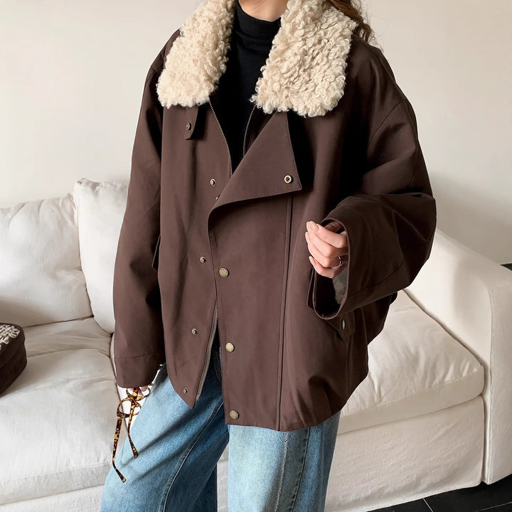 Women Oversize Utility Jacket with High Teddy Collar and Snap Button Placket