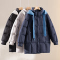 Women's padded quilted jacket with hood ribbed collar loose fit and midi length