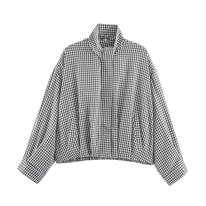 Women Oversize Checkered Blouson Jacket with Stand-up Collar