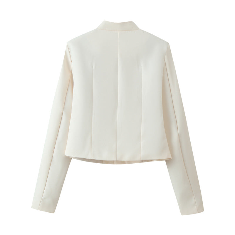 Women Cropped Tailored Jacket with Mandarin Collar and Decorative Toggle Closures