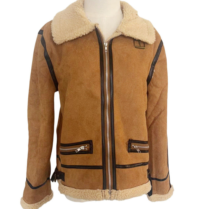 Women Short Cut Aviator Sheepskin Imitation Jacket with Teddy Lining and Faux Leather Trim