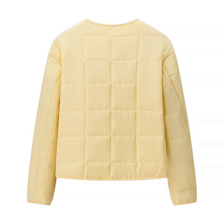 Women Lightweight Quilted Short Jacket with Crew Neck and Patch Pockets