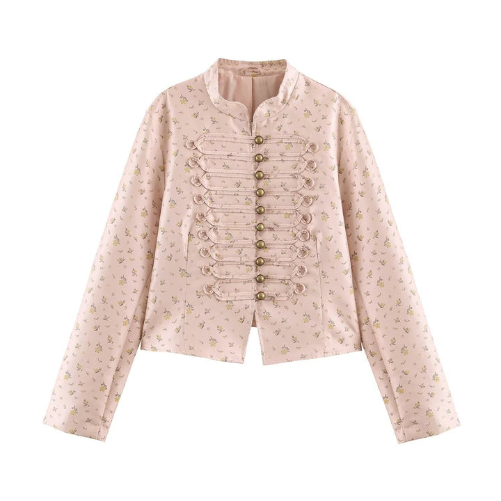 Women Cropped Satin Jacket in Military Style with Decorative Frog Trim
