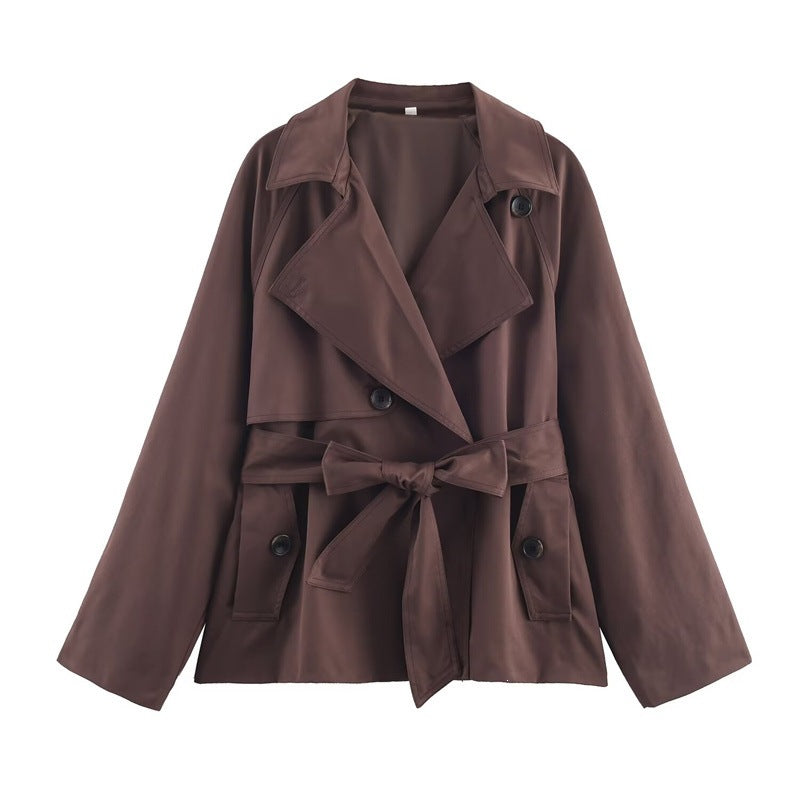 Ladies Cropped Trench Coat with Shawl Collar, Tie Belt and Flap Pockets