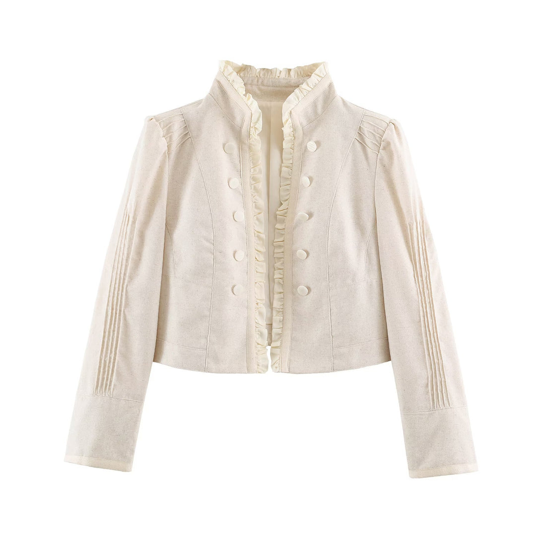 Women tailored short jacket with ruffled collar and decorative button placket
