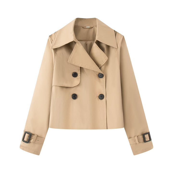 Women Cropped Double-breasted Trench Coat with Wide Lapels and Adjustable Cuffs