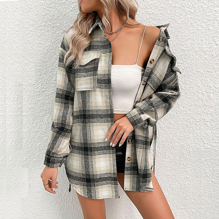 Women Checked Longline Shirt Coat with Button Placket and Waist Belt