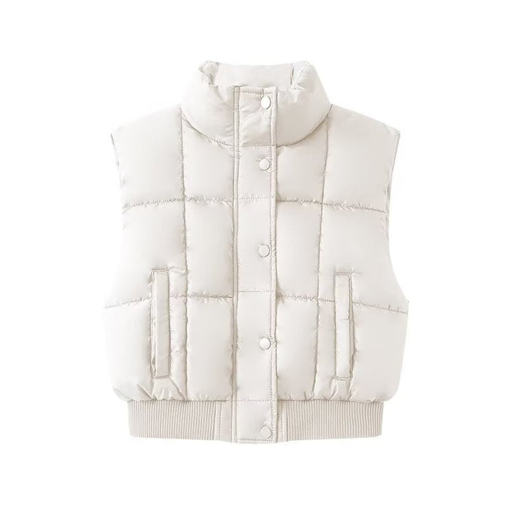 Women Quilted Cropped Puffer Vest with Stand Collar and Ribbed Hem