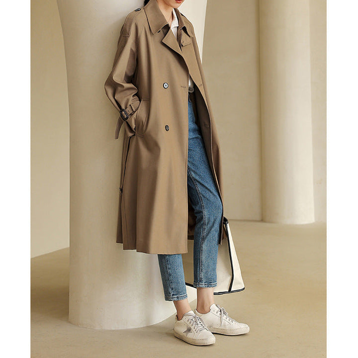 Women Lightweight Knee-Length Double-Breasted Trench Coat Made of Cotton Blend with Epaulettes and Buckle Cuffs