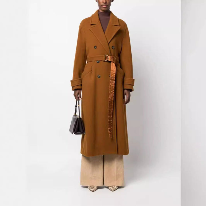 Women Maxilength Double-breasted Wool Blend Coat with Satin Ribbon Waist Belt and Rolled-up Sleeves