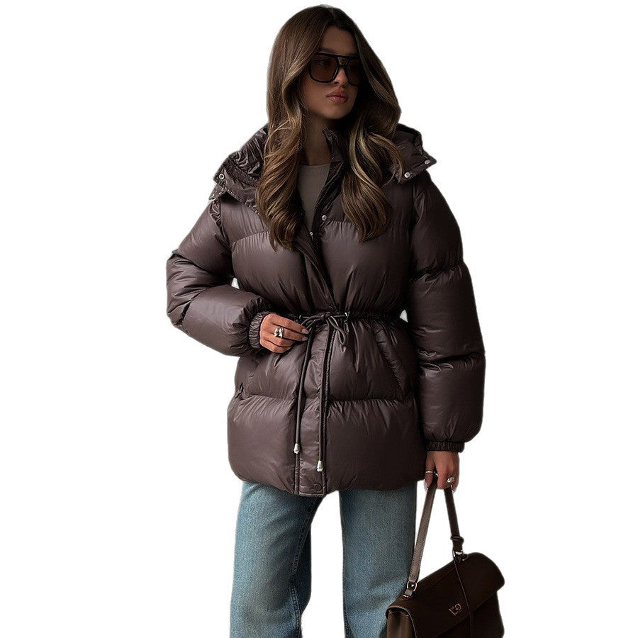 Women Tailored Quilted Jacket in Down Look with Drawstring and Hood